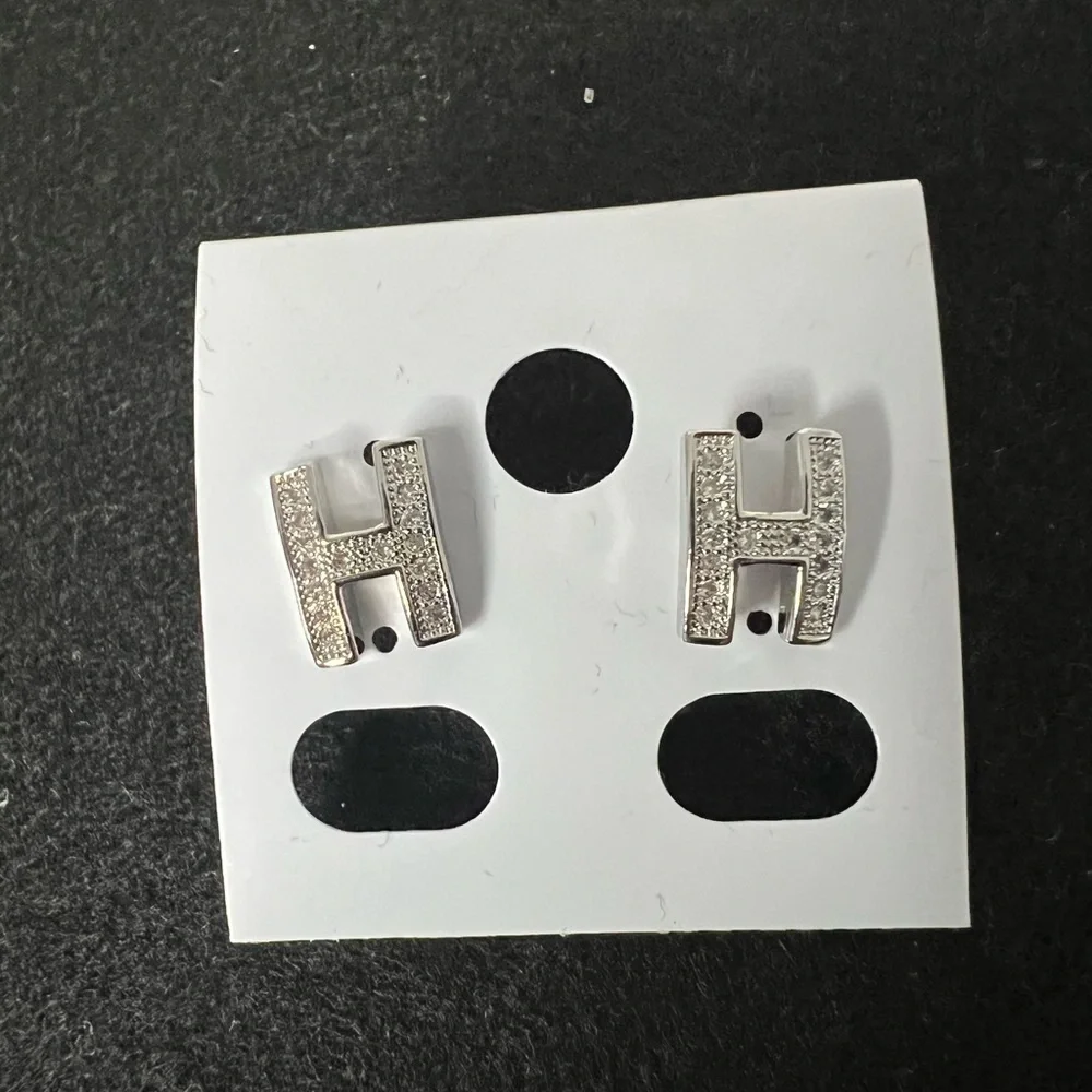 Micro Paved Silver Letter H Stud Earrings New - Picture 2 of 7